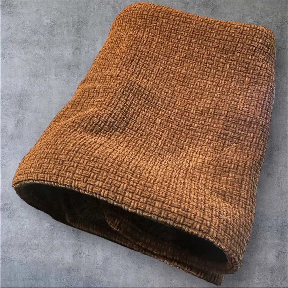Pottery Barn Brown Basketweave Throw‎ Blanket Faux Fur Trim 58x48 Cozy Winter